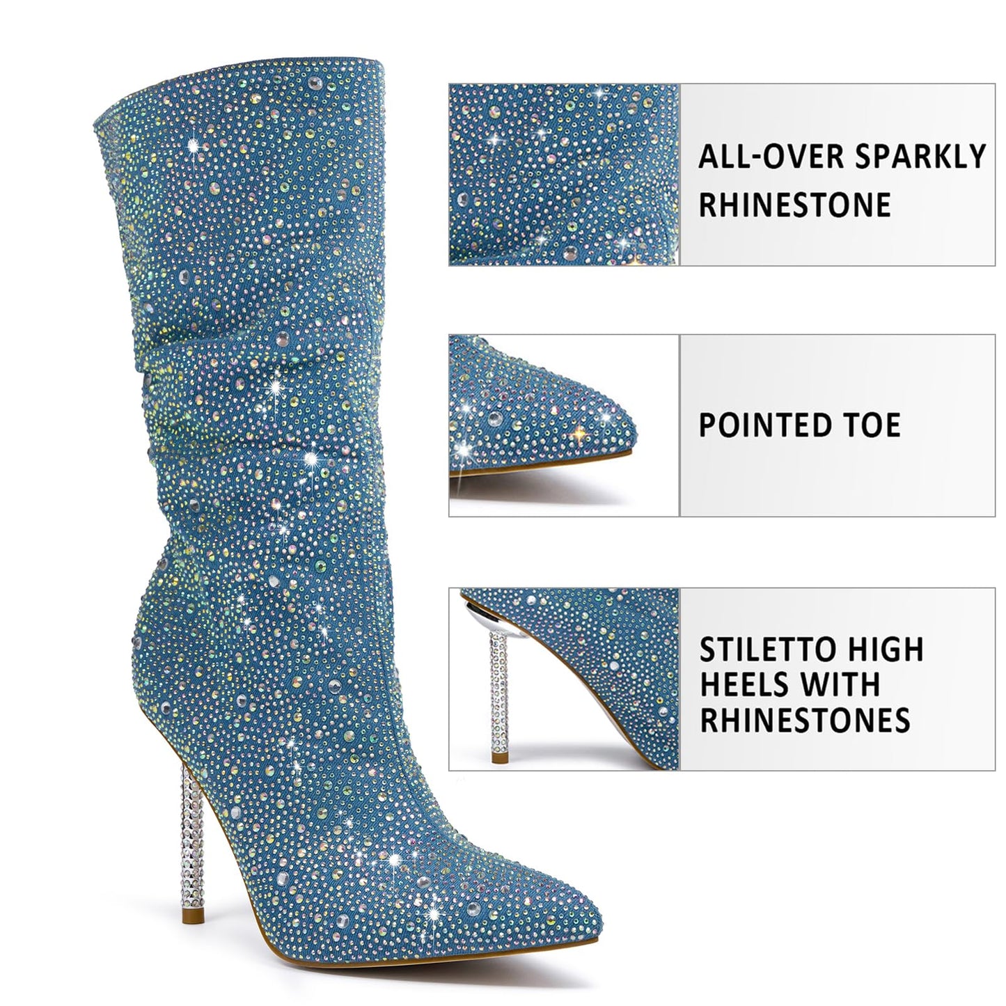 Women's Blue Denim Mid Calf Boots sparkly Rhinestone Stiletto Heel Boots Western Wide Calf Short Cowboy Boots Sexy Pointed Toe dress Party Boots