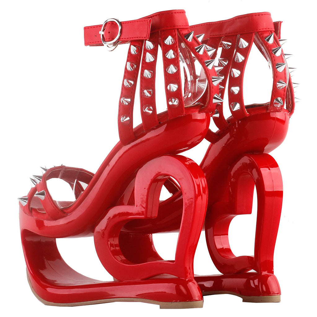 SHOW STORY Fashion Red Stud Ankle Strap High Heel Platform Party Sandals,
