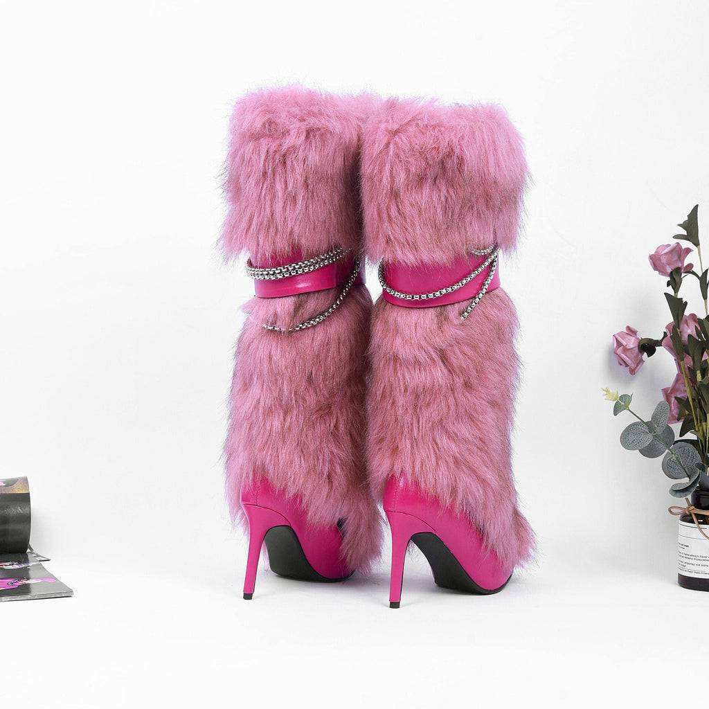 Ouwilov Women’s Pink Faux Fur High Heel Boots – Furry Heel Boots with Chain Detail Fuzzy Stiletto Heels Elegant Winter Fur Boot Heels for Parties Fashion Outfits and Cold Weather