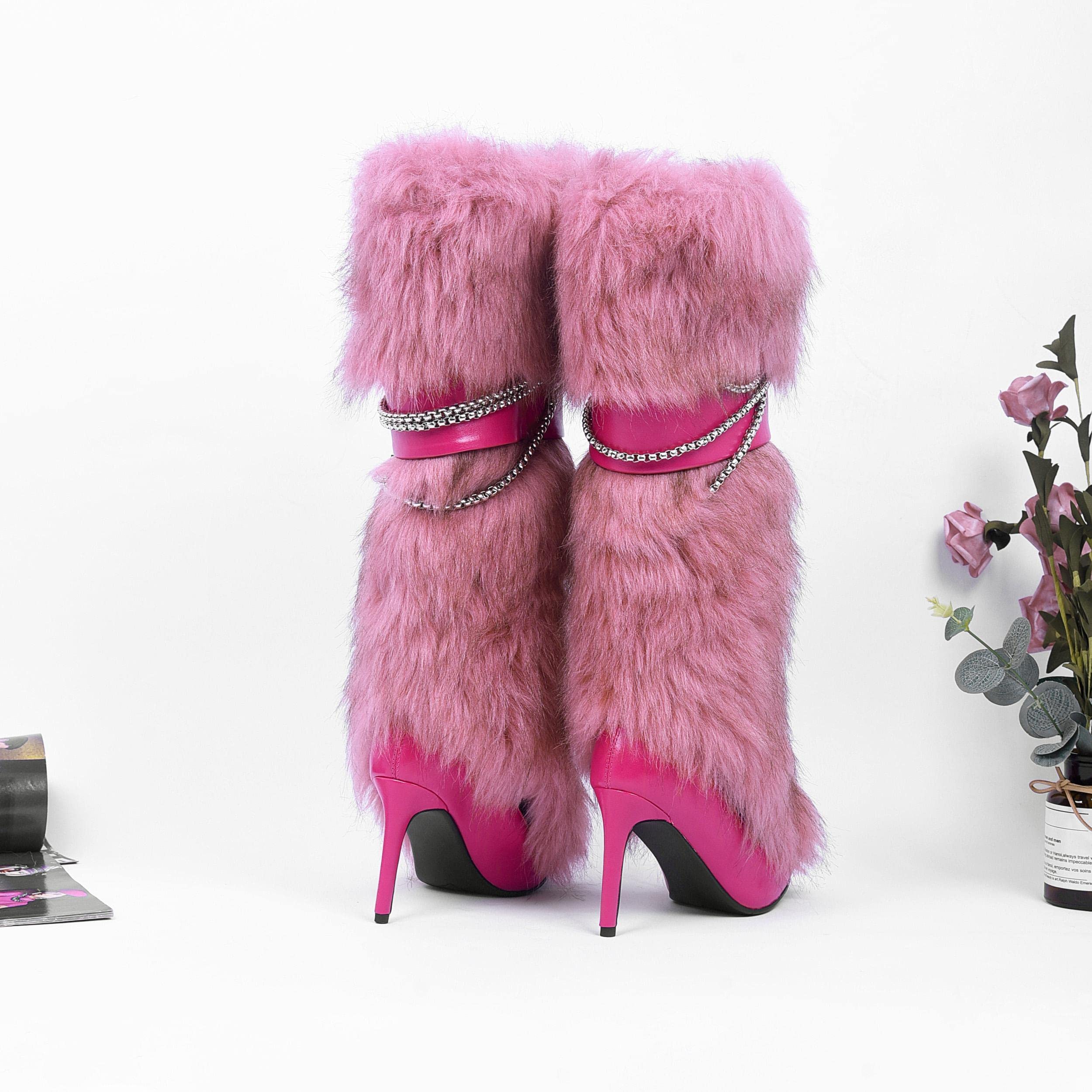 Ouwilov Women’s Pink Faux Fur High Heel Boots – Furry Heel Boots with Chain Detail Fuzzy Stiletto Heels Elegant Winter Fur Boot Heels for Parties Fashion Outfits and Cold Weather