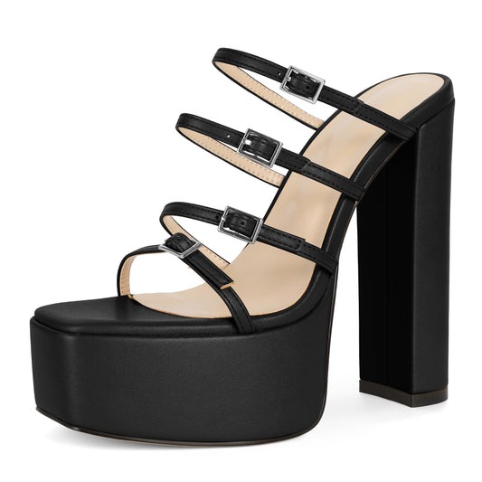 Esvowido Platform Mules for Women Chunky Heels Sexy Square Open Toe Block Sandals High Heels for Party Prom Wedding Black US Size 7