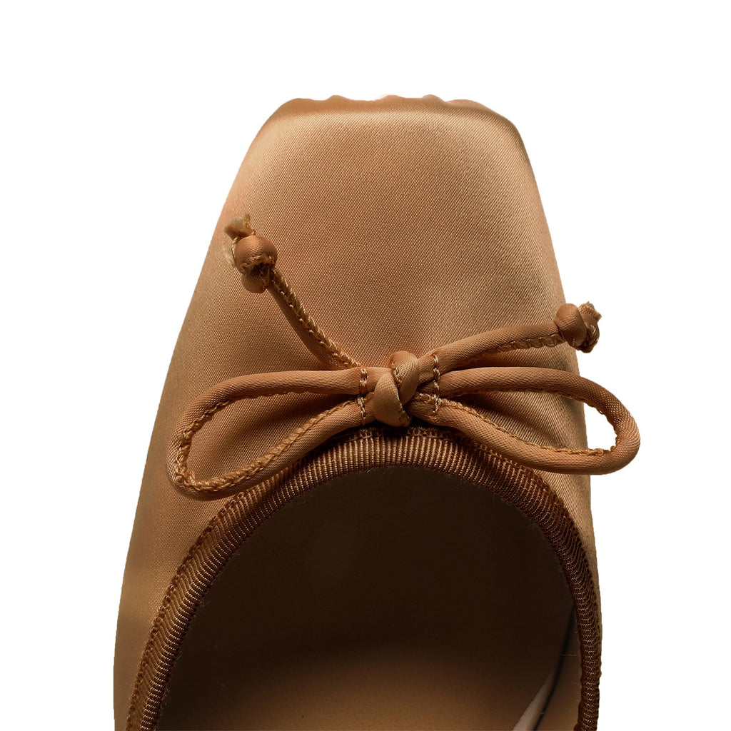 Riekhany Satin Ballet Heels for Women Closed Square Toe Bow Ballerina Heels Lace Up High Heel Slingback Pumps Strappy Stiletto Mary Janes Elegant Party Shoes Brown