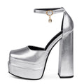 MERUMOTE Womens Sexy High Heels Platforms Pumps Square Toe Chunky Block Heels Rhinestone Party Shoes Silver PU