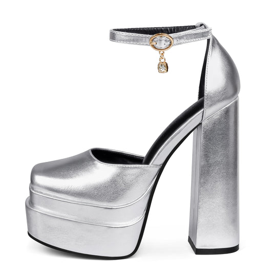 MERUMOTE Womens Sexy High Heels Platforms Pumps Square Toe Chunky Block Heels Rhinestone Party Shoes Silver PU US8