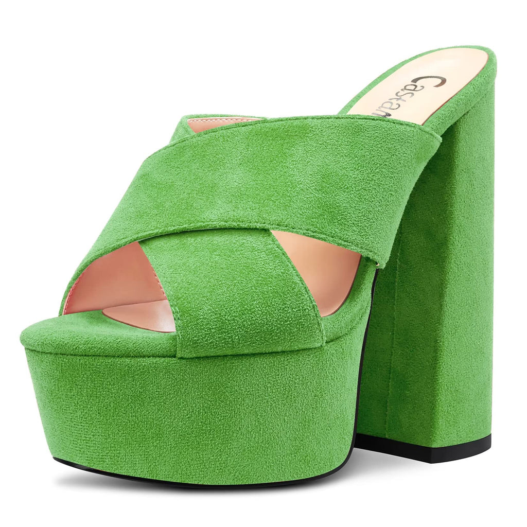 Castamere Women High Chunky Block Platform Heel Peep Open Toe Slip-on Sandals Casual Dress 5.9 Inches Heels Green