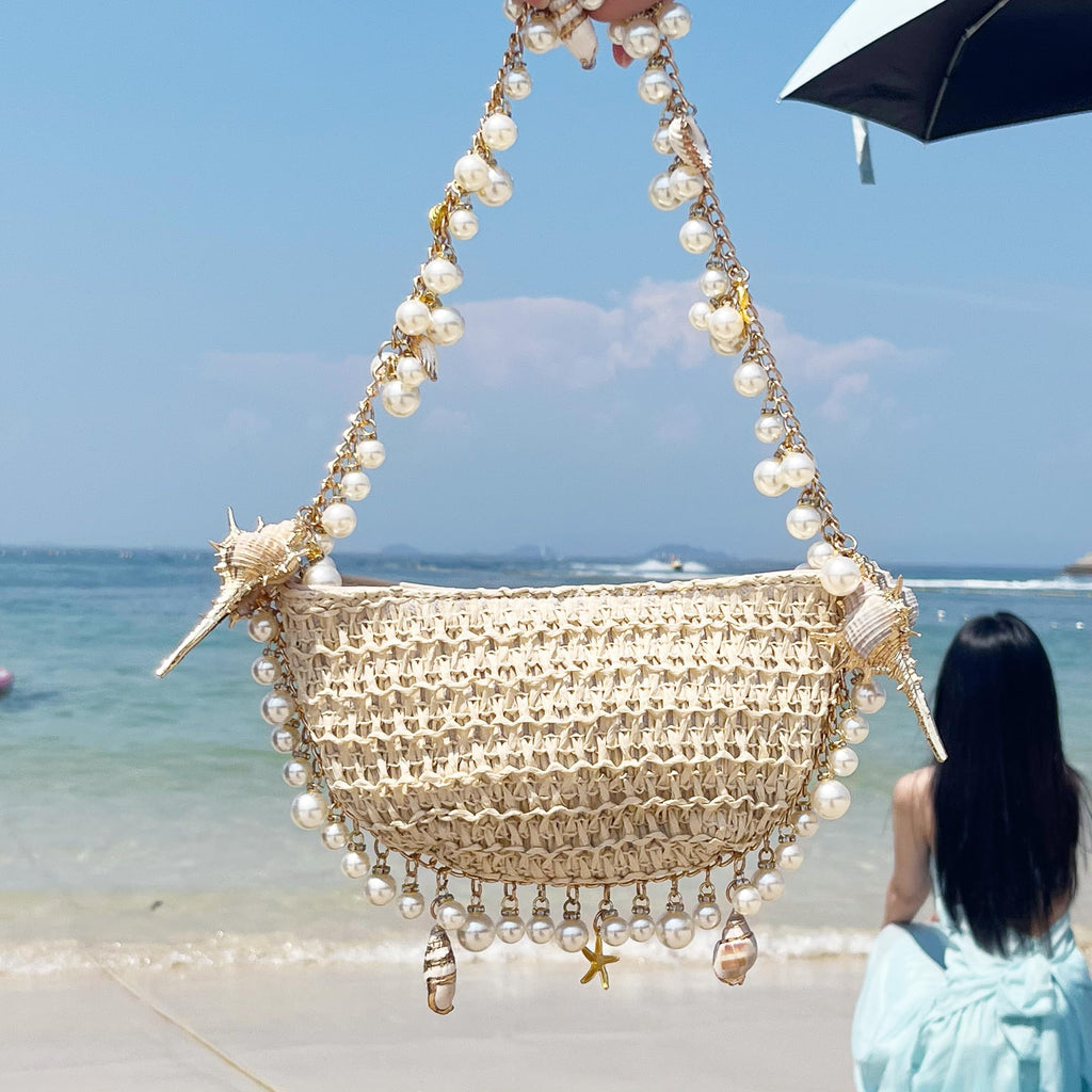 Aiermo Women Pearl Handbag Straw Purse: Woven Summer Beach Bag Vacation Clutch Purse for Wedding Party Crossbody Bag Seaside Style Carrying Bag Shoulder Handbag