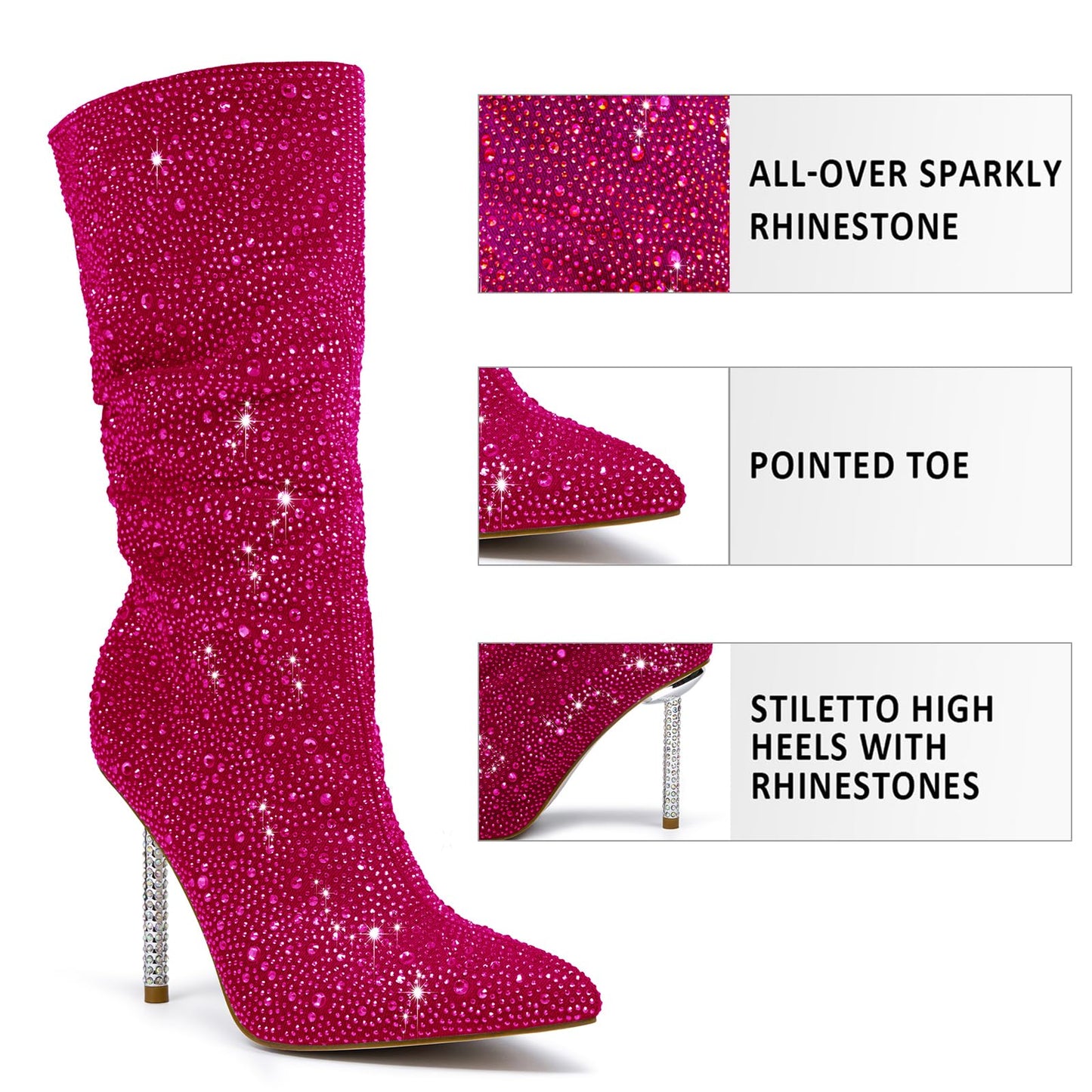 Women's Fuchsia Denim Mid Calf Boots sparkly Rhinestone Stiletto Heel Boots Western Wide Calf Short Cowboy Boots Sexy Pointed Toe dress Party Boots