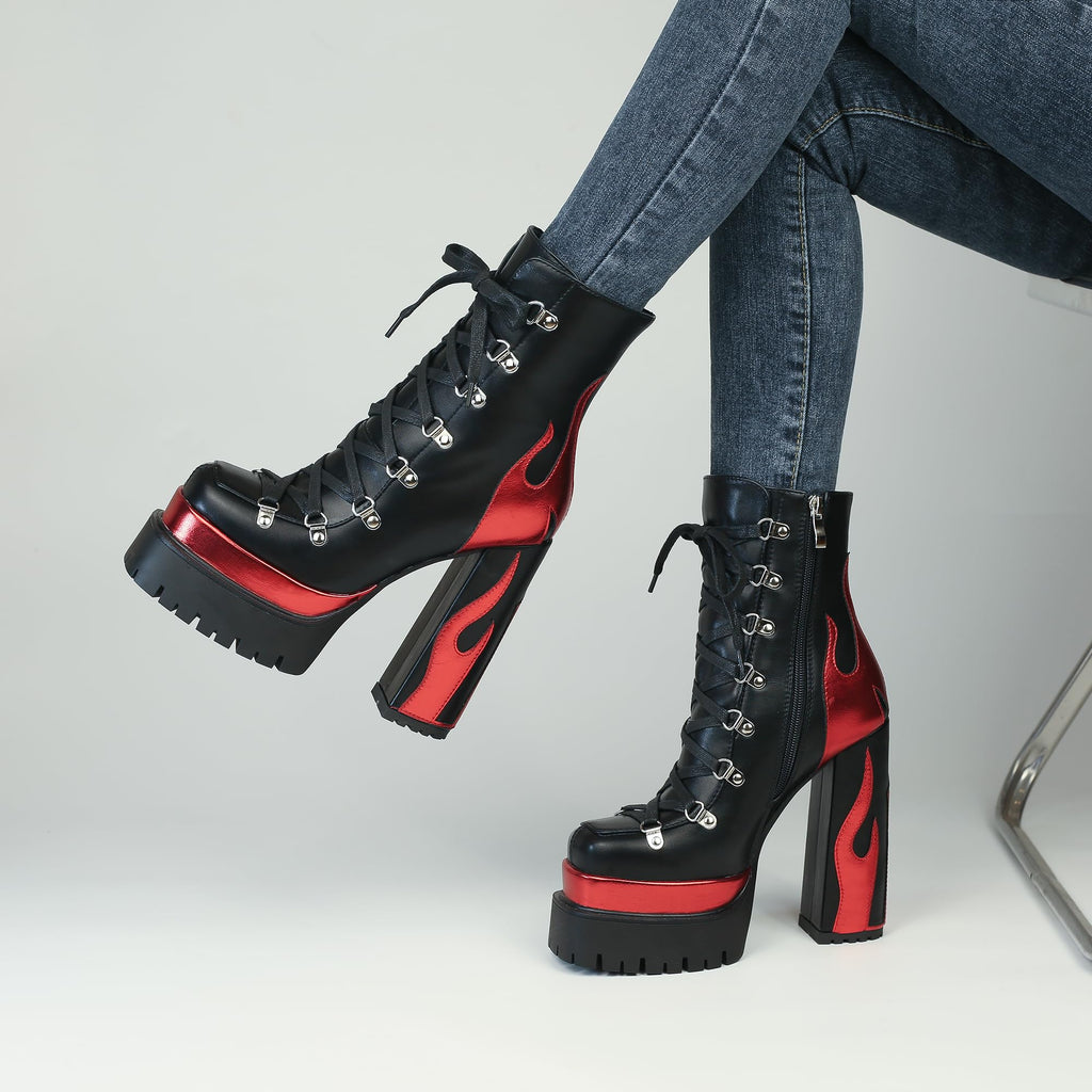 Black/Red HiColor women’s red flames Ankle Boots