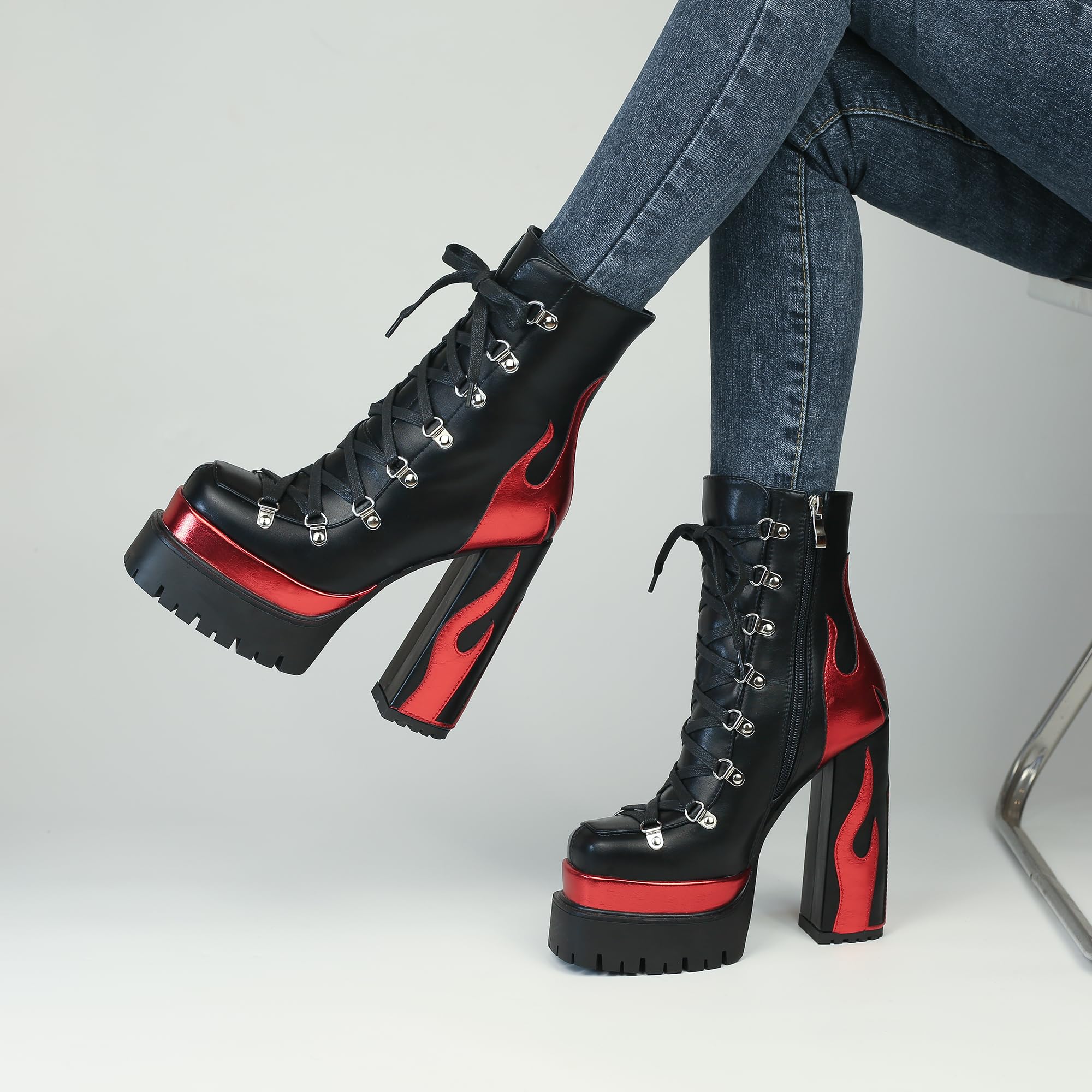 Black/Red HiColor women’s red flames Ankle Boots