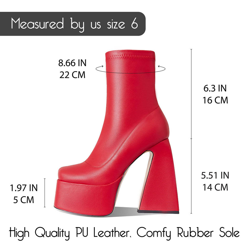 Uacllcau Red Platform Boots for Women Mid Calf Square Toe Chunky High Heel Boots Side Zipper Ankle Booties