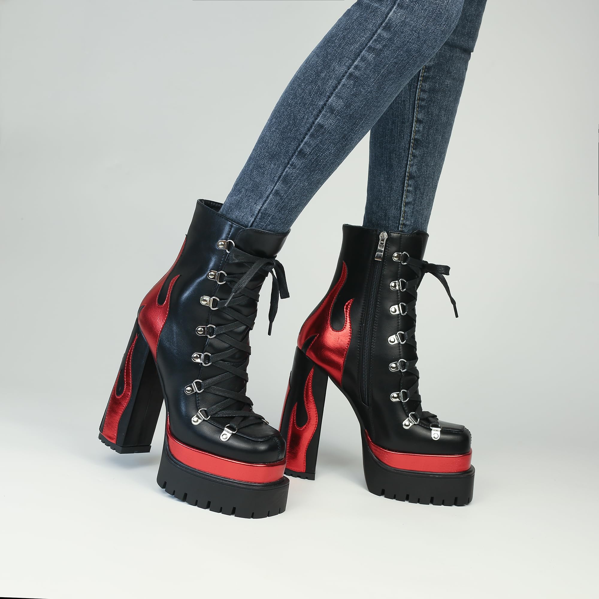 Black/Red HiColor women’s red flames Ankle Boots