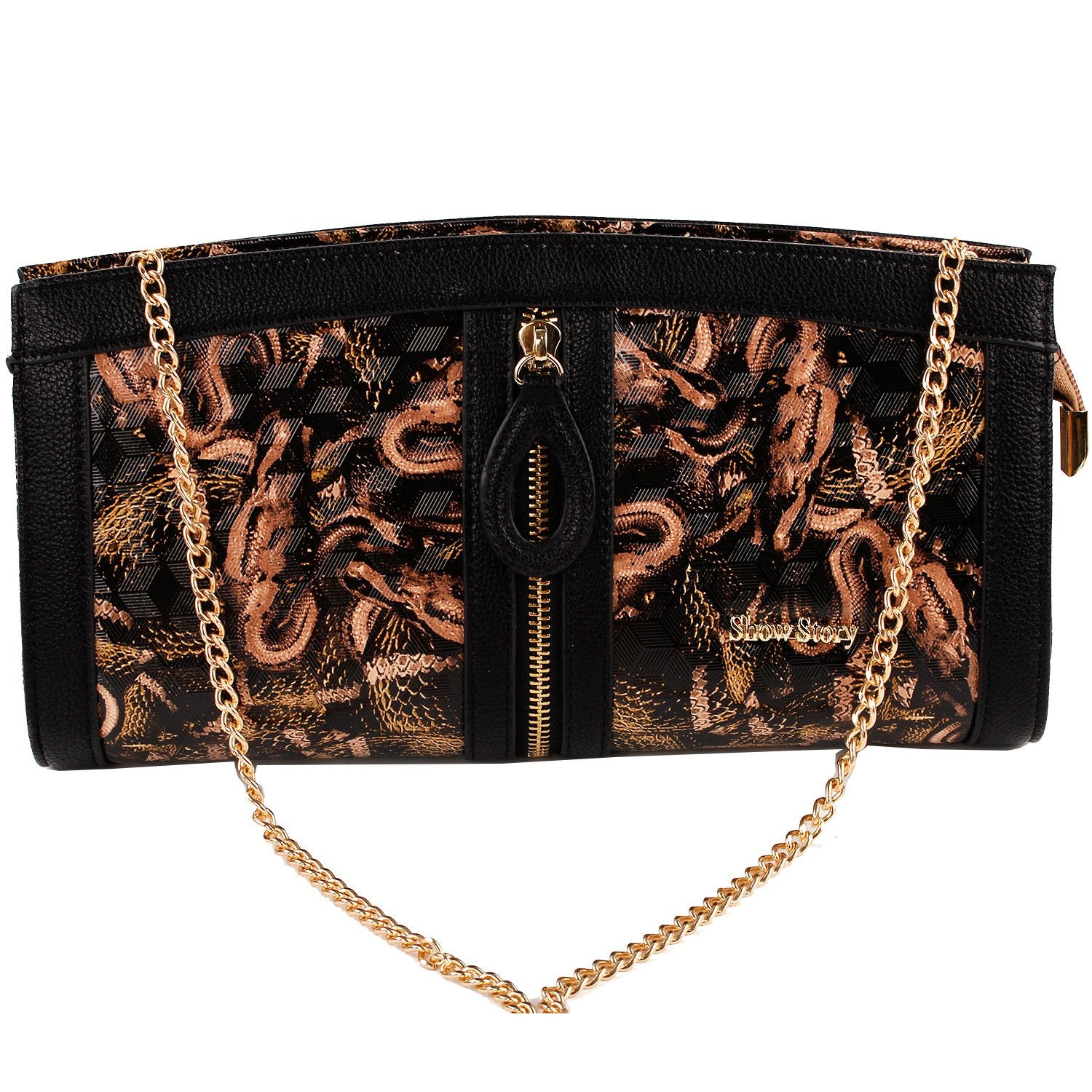 SHOW STORY Black Punk Design High Heels Brown Snake Pattern Women's High-top Bone High Heel Platform Ankle Boots,