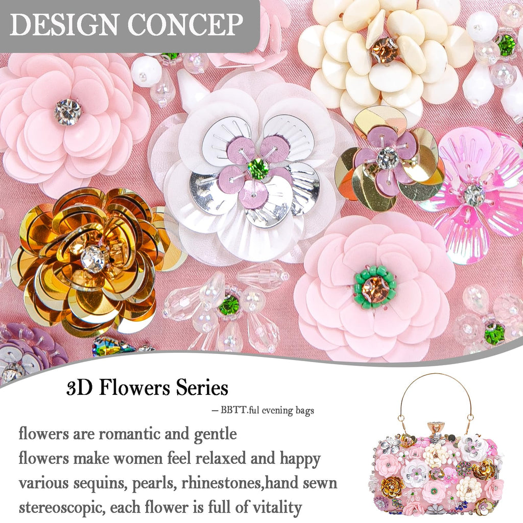 BBTT.ful Women Clutches Flower Evening Handbags Chain Strap Shoulder Bag Wedding bag purse (Pink)