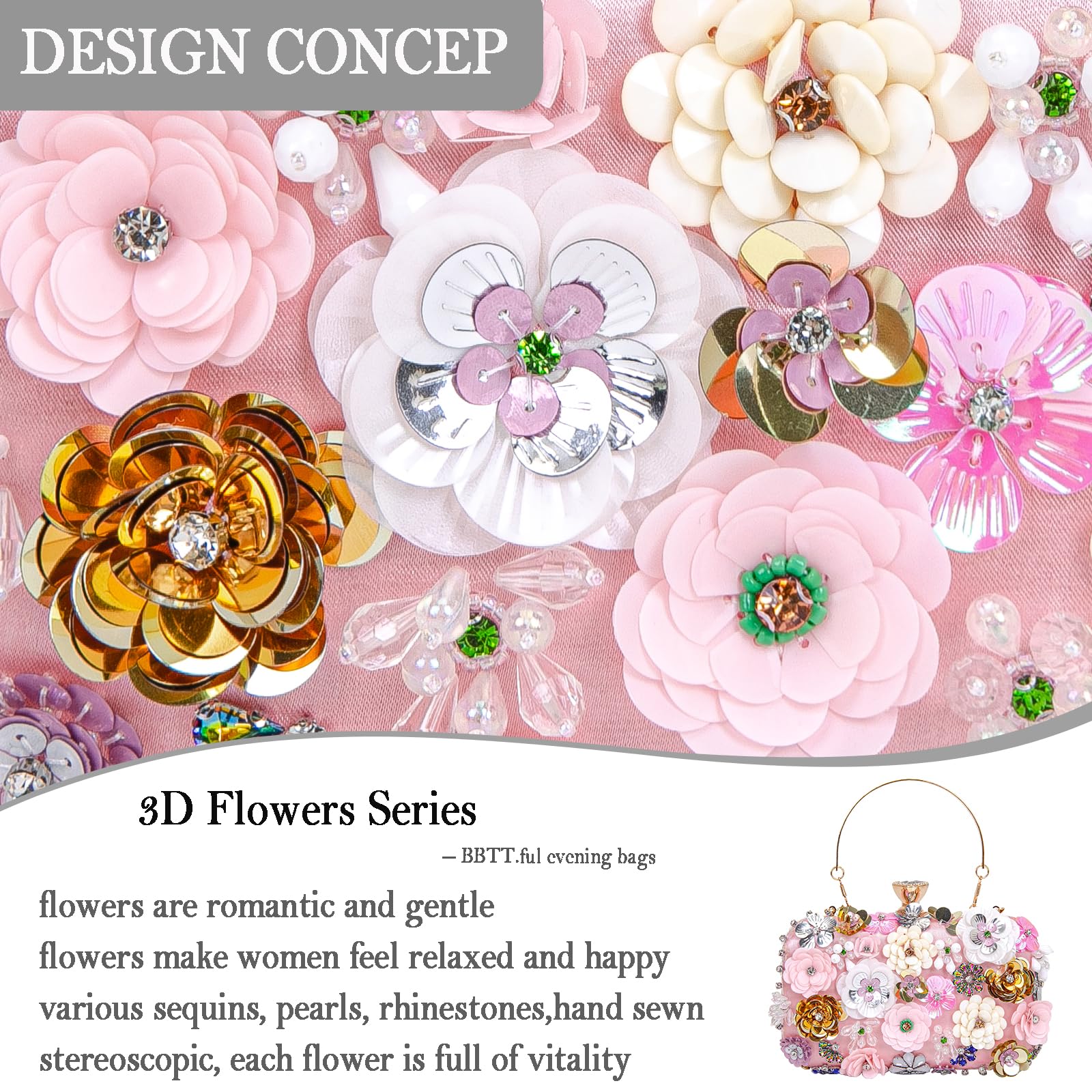BBTT.ful Women Clutches Flower Evening Handbags Chain Strap Shoulder Bag Wedding bag purse (Pink)