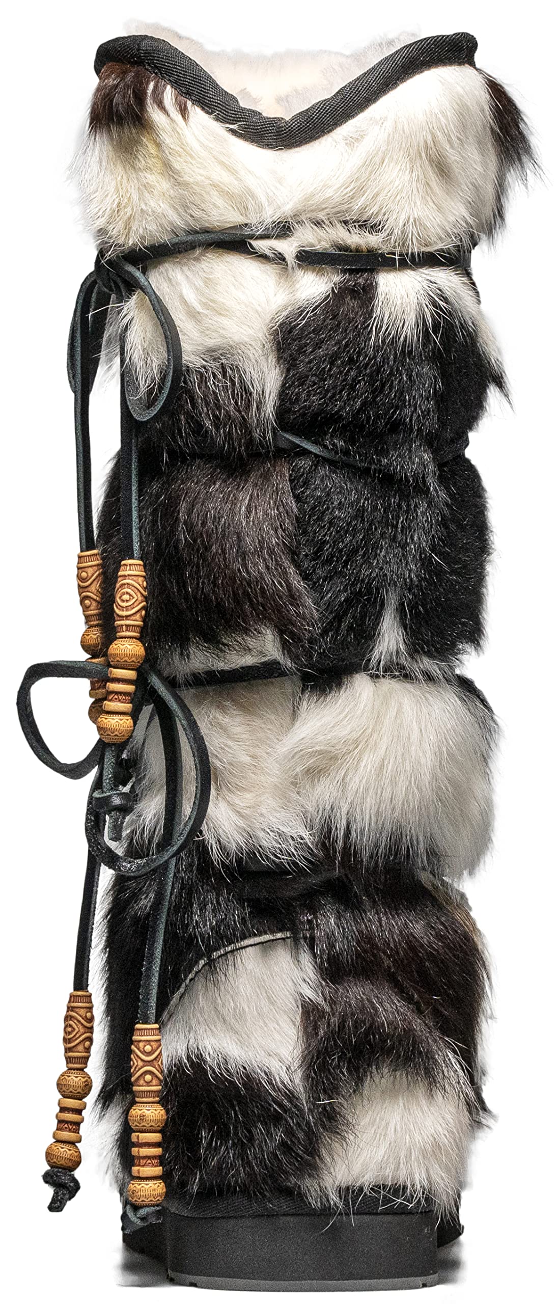 AU&MU AUMU Women Sheepskin Fur Wooden Bead String Stylish Knee High Winter Snow Boots Black