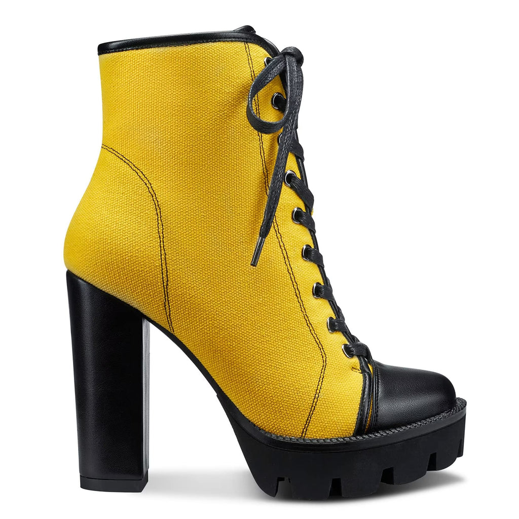 NobleOnly Women High Heel Platform Round Toe Ankle Boots Short Bootie Zipper Lace-up Riding Boots Classic Party Office 5.1 Inches Heels Yellow