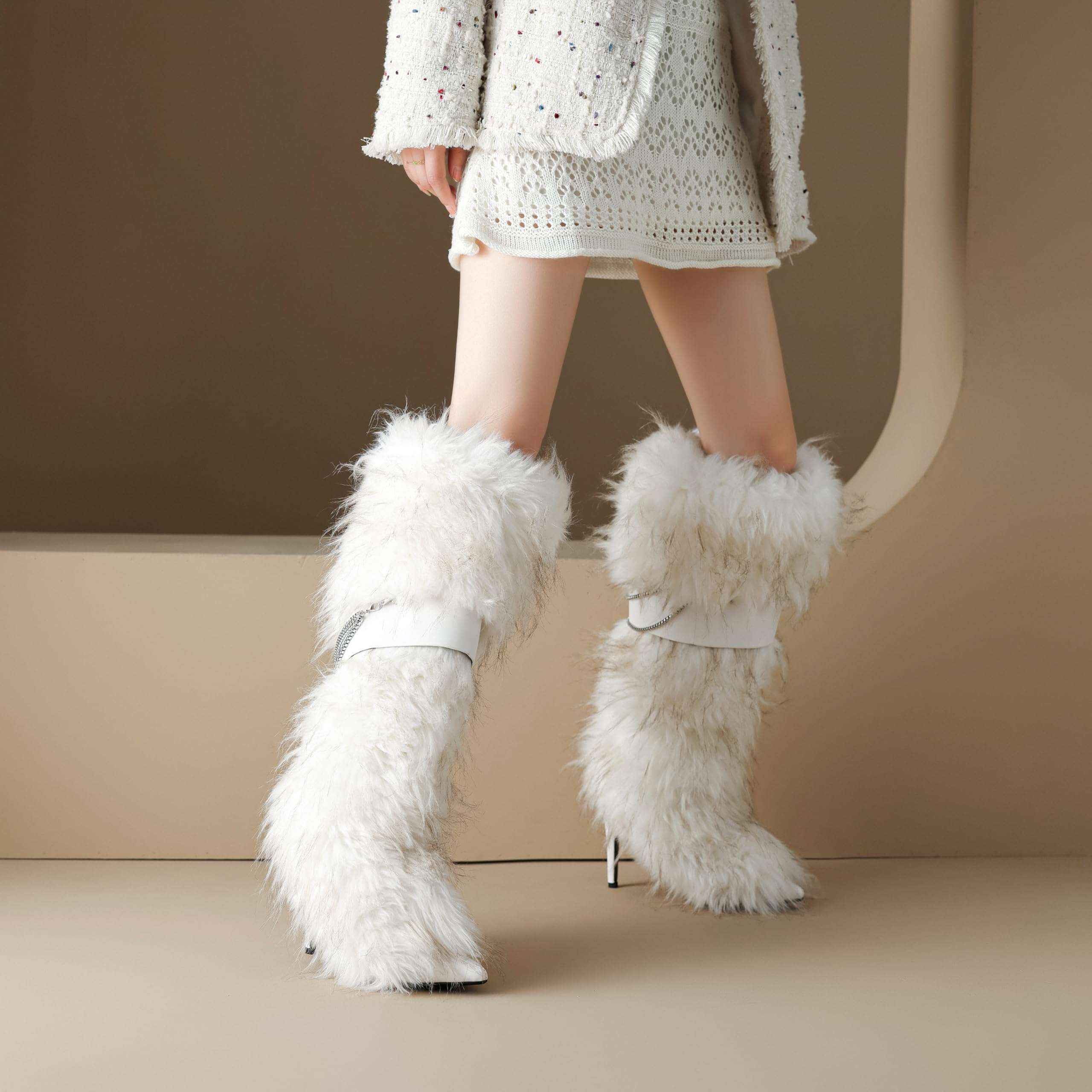 Ouwilov Women’s White Faux Fur High Heel Boots – Furry Heel Boots with Chain Detail, Stretch Knit Inner Shaft, Elegant Winter Fur Heels for Parties & Cold Weather Fashion