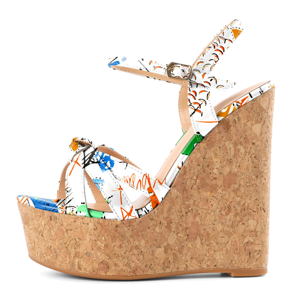 YODEKS Wedge Platform Sandals for Women High Heel Open Round Toe Wooden Heels Dress Shoes Patent Graffiti White