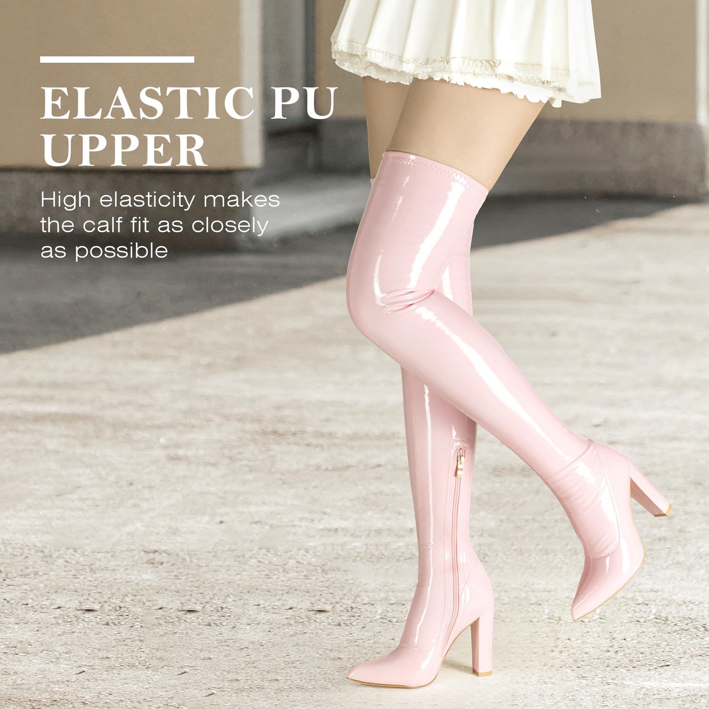 WSKEISP Pink Thigh High Boots for Women Gogo Heeled Over The Knee High Chunky Patent Leather 70s Long Tall Boots