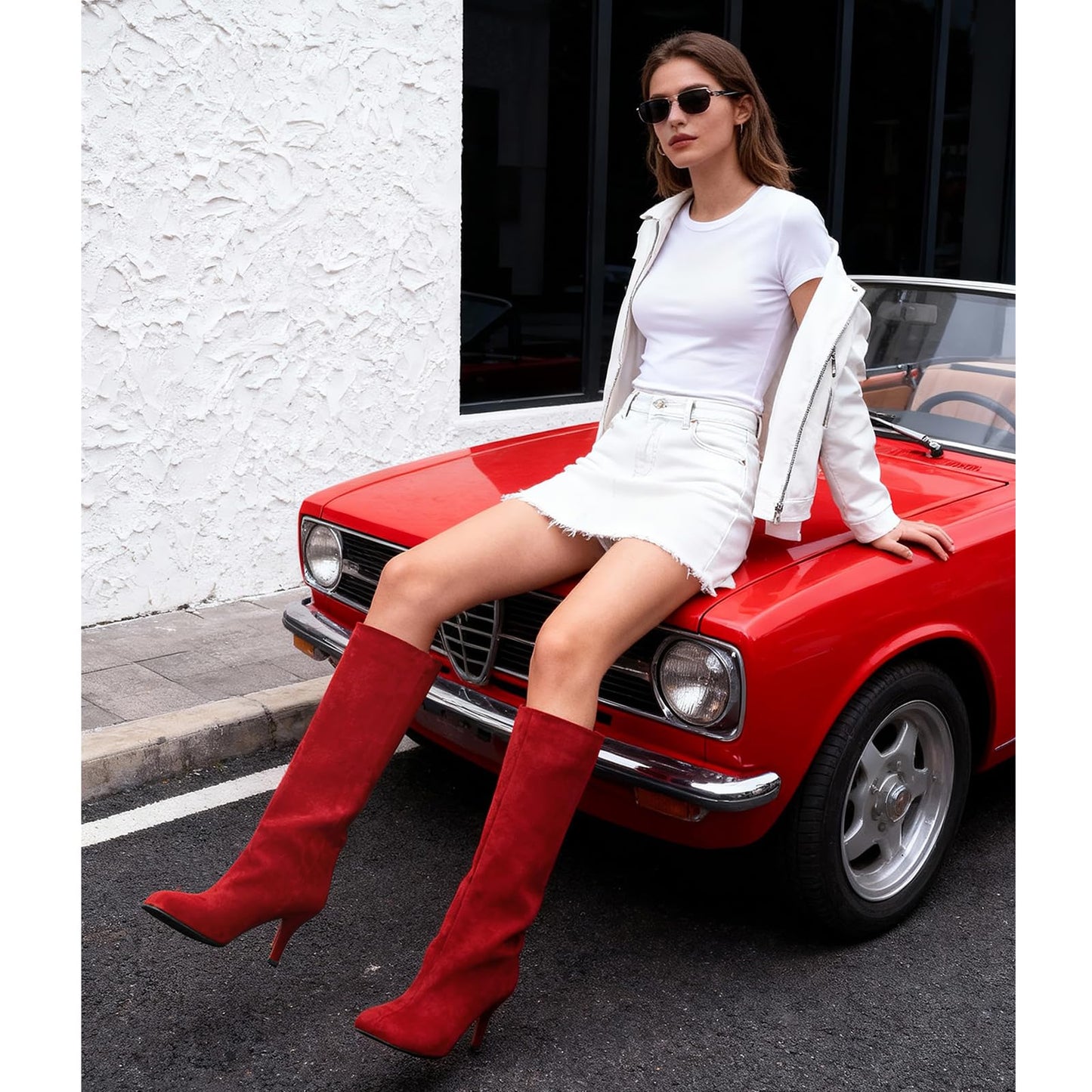 VOZTOLLS Knee High Boots Women Square Toe Kitten Heel Tall Boots Suede Wide Calf Pull-on Comfortable Fashion Dress Heeled Long Boots Red Size 7