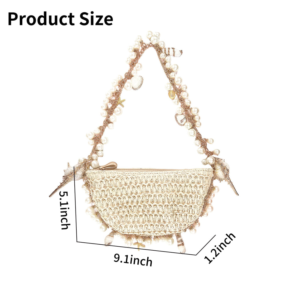 Aiermo Women Pearl Handbag Straw Purse: Woven Summer Beach Bag Vacation Clutch Purse for Wedding Party Crossbody Bag Seaside Style Carrying Bag Shoulder Handbag