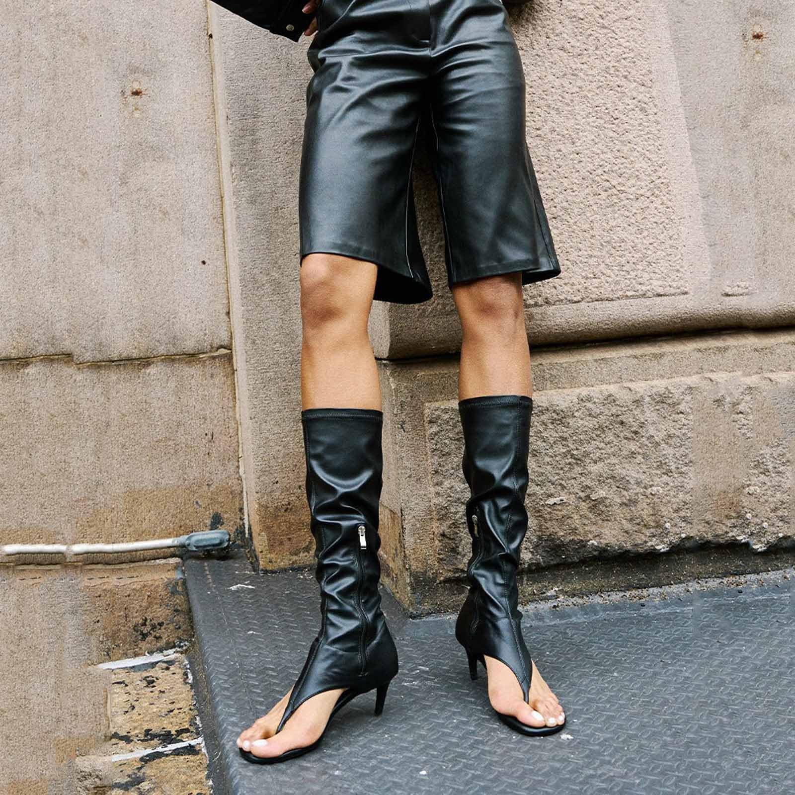 ZJGZF Black Thong Sandals for Women Kitten Heel Knee High Boots Open Toe Flip Flop High Heel Boots Gogo Boot