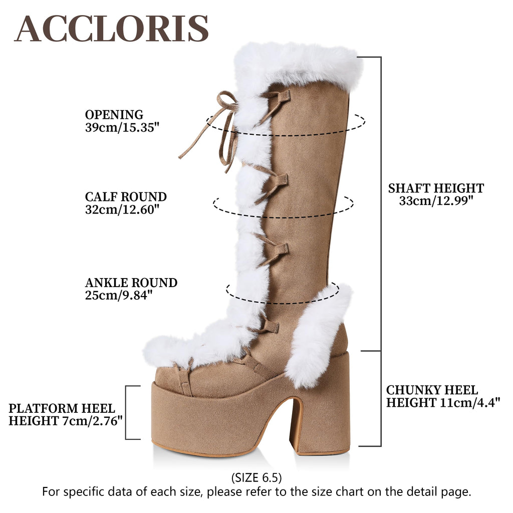 Accloris Beige Platform Knee High Boots For Womens Warm Faux Fur Lace Up Side Zipper Chunky Heel Punk Goth Winter Snow Mid Calf Boots