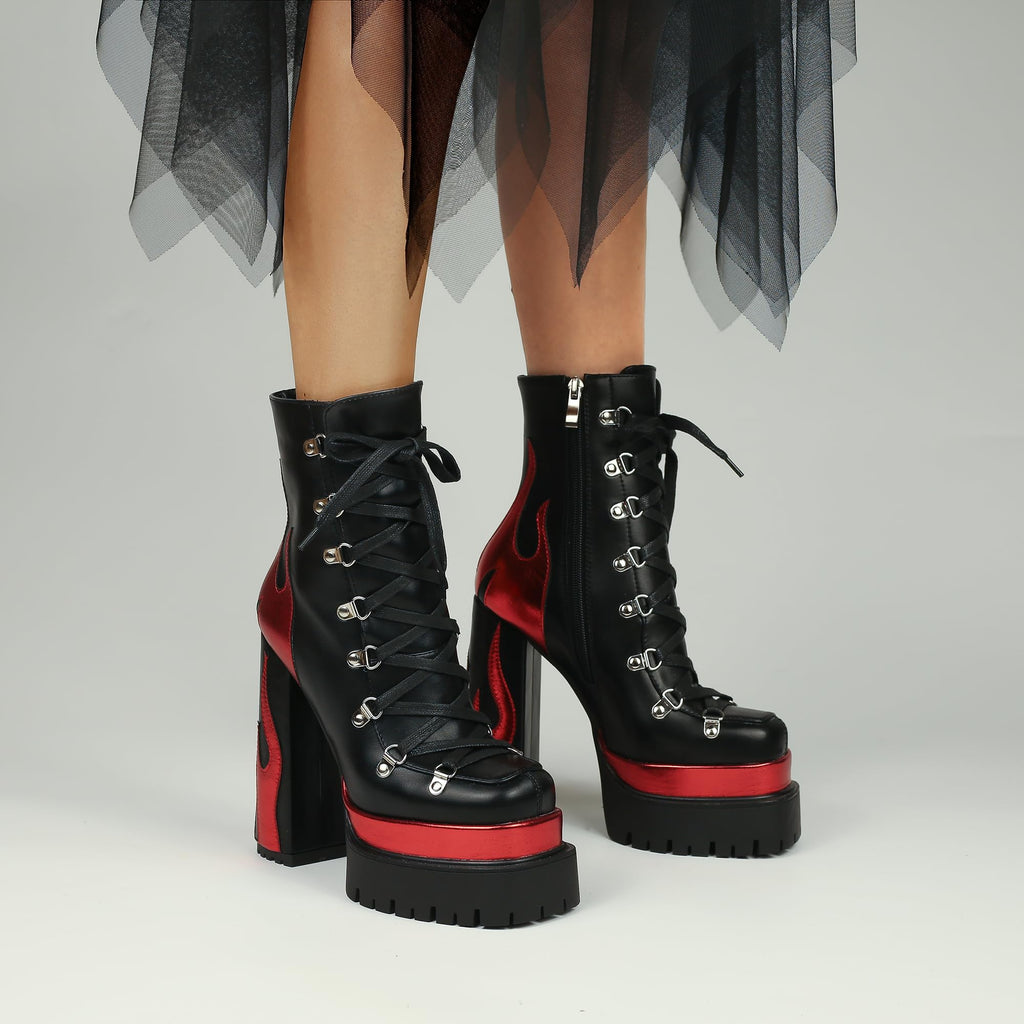 Black/Red HiColor women’s red flames Ankle Boots