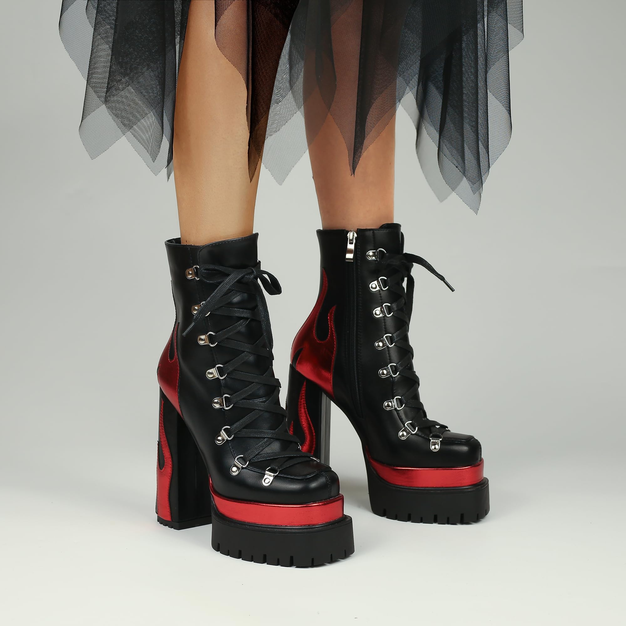 Black/Red HiColor women’s red flames Ankle Boots