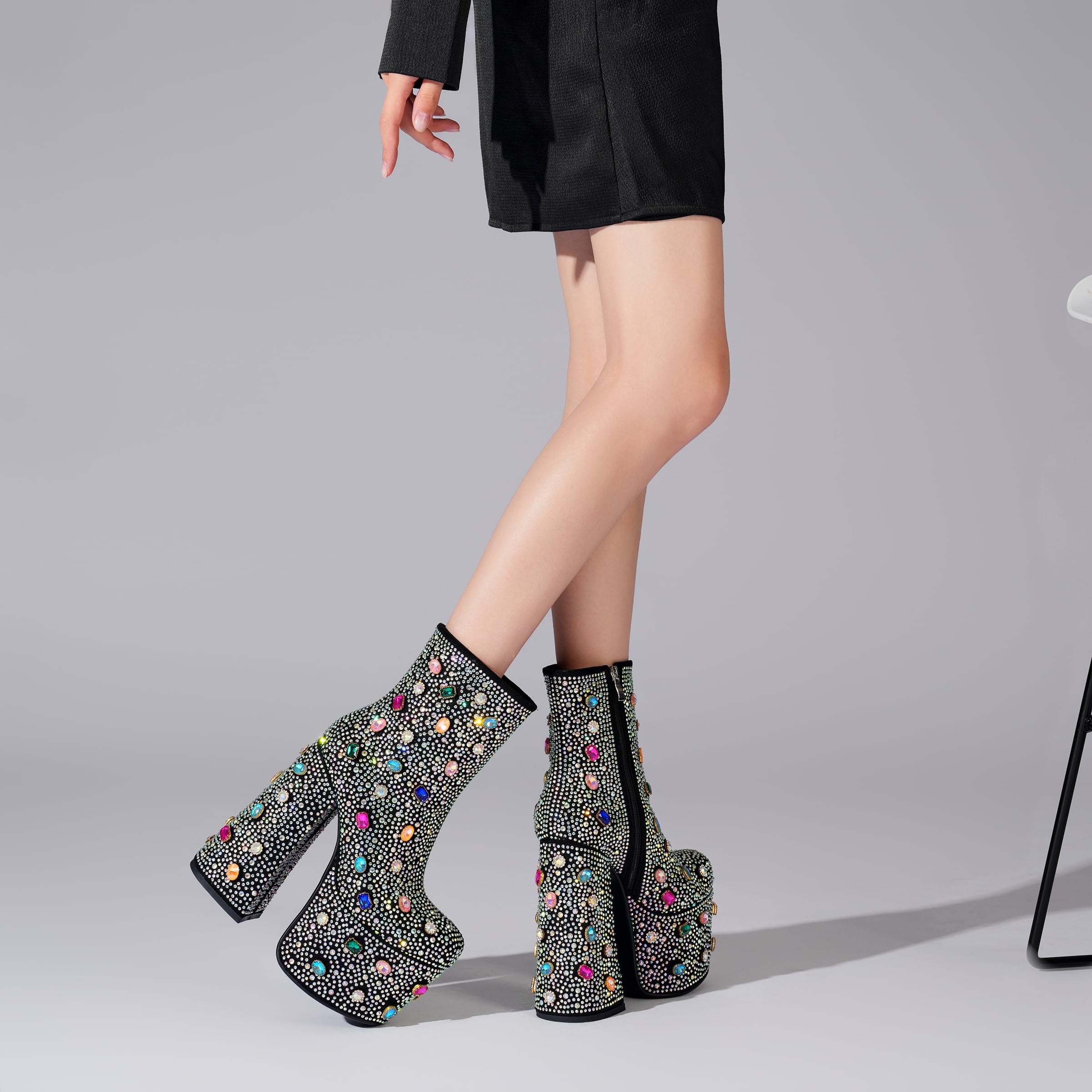 Black Tsrenlmln Platform Mid Calf Boots Rhinestone Boot