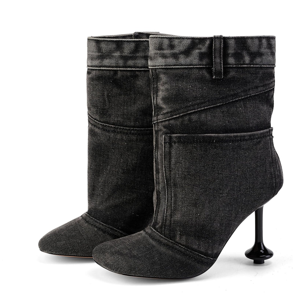 Fuazuzu Vintage Denim Stiletto High Heeled Cowboy Pockets Boots for Women, Mid Wide Calf Round Toe with Metal Button for Fashion Dress Booties,Black 8