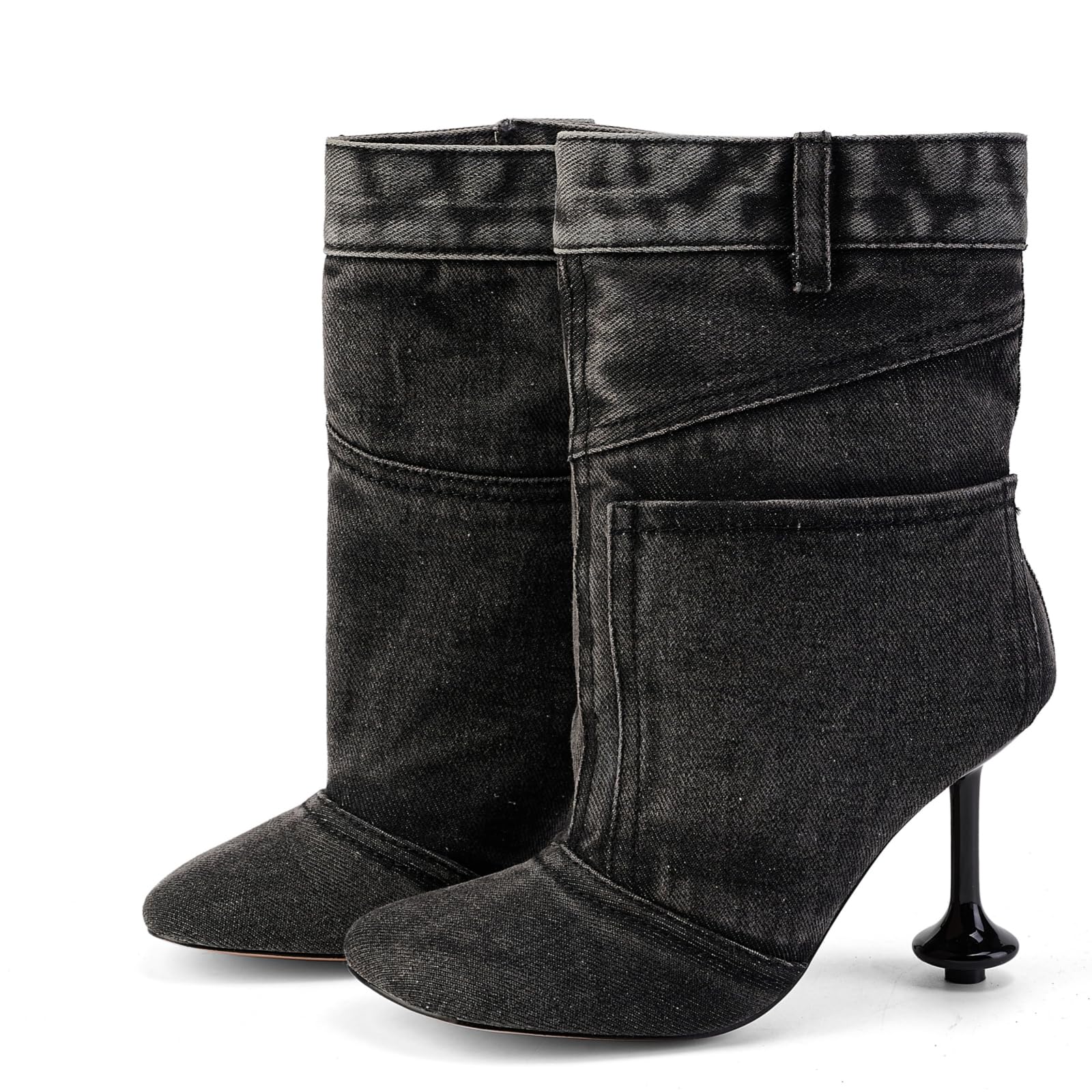 Fuazuzu Vintage Denim Stiletto High Heeled Cowboy Pockets Boots for Women, Mid Wide Calf Round Toe with Metal Button for Fashion Dress Booties,Black 8