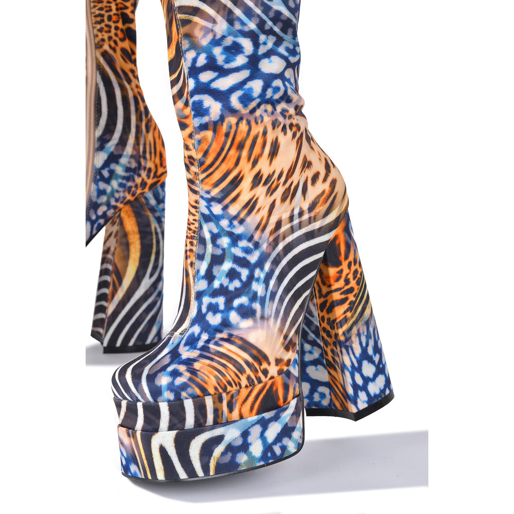 Cape Robbin Prisma Mid Calf Platform Boots, Square Toe Knee High Chunky Block Heel, Fashion Dress Boots for Women - Animal Print