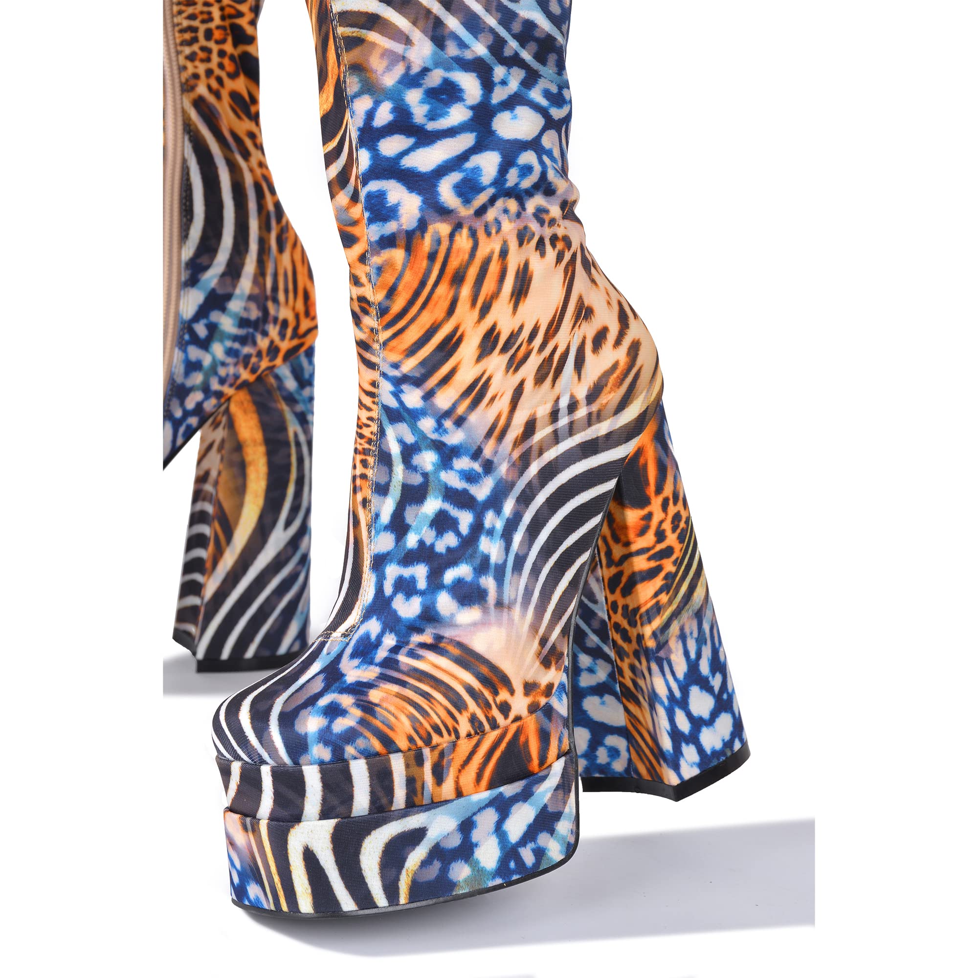 Cape Robbin Prisma Mid Calf Platform Boots, Square Toe Knee High Chunky Block Heel, Fashion Dress Boots for Women - Animal Print