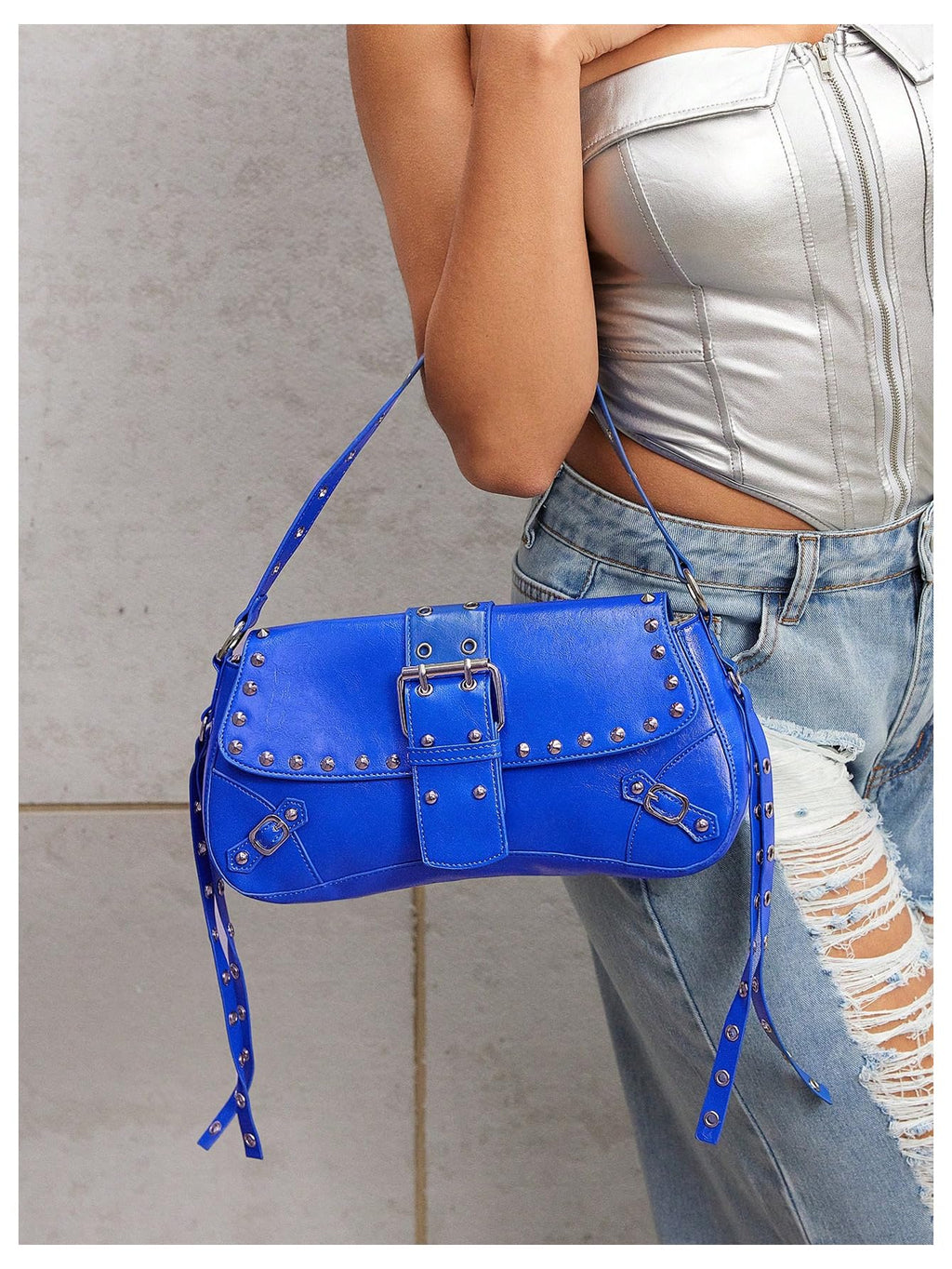 MakeMeChic Women's Shoulder Bags Y2K PU Leather Clutch Small Purse Bags Royal Blue One Size