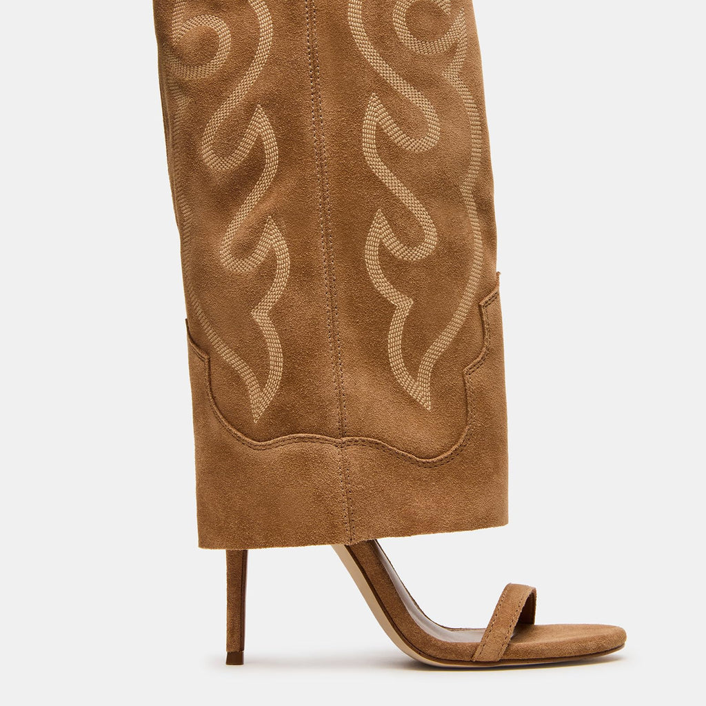Yishaweiqi Embroidered Camel Suede Knee High Heels for Women Round Open Toe Stiletto Heels Pull On Wide Calf Sandals