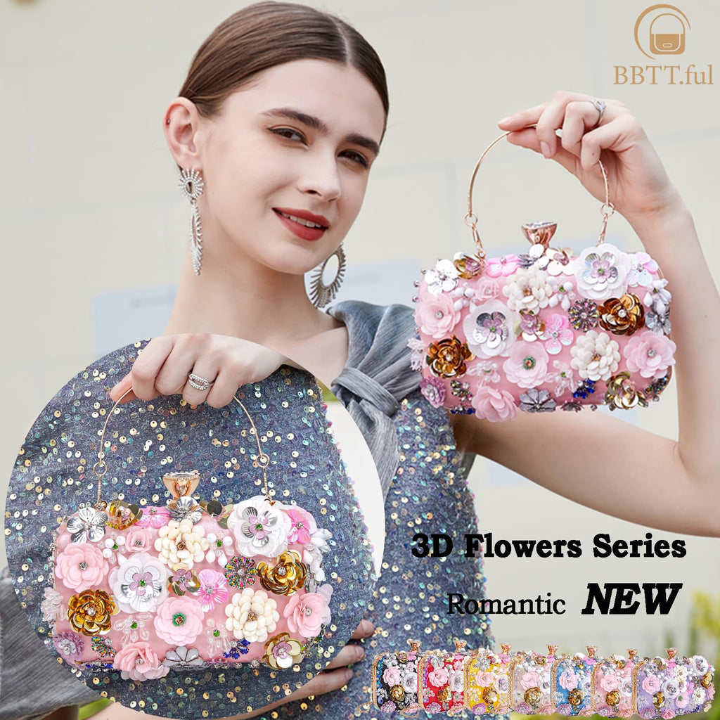 BBTT.ful Women Clutches Flower Evening Handbags Chain Strap Shoulder Bag Wedding bag purse (Pink)
