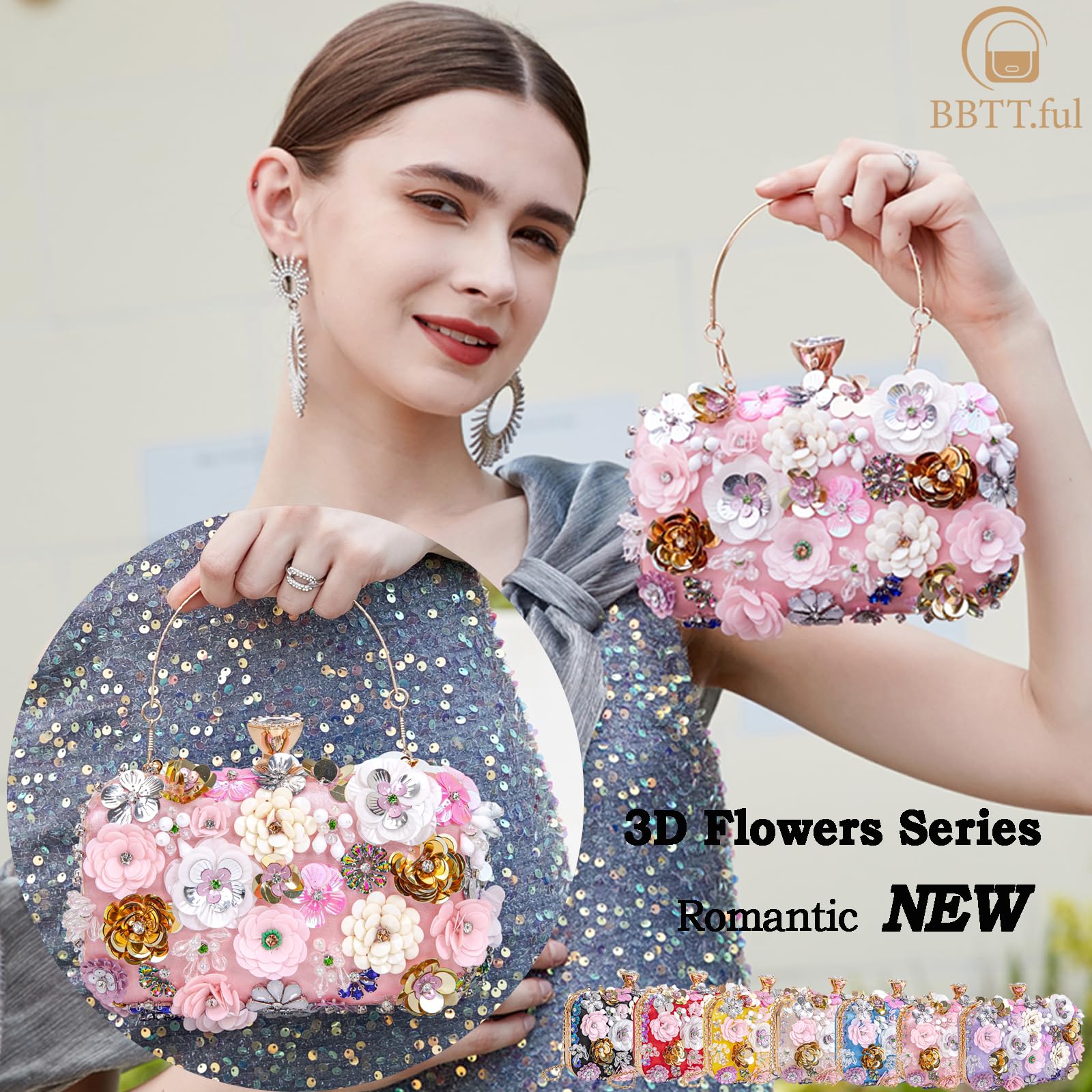 BBTT.ful Women Clutches Flower Evening Handbags Chain Strap Shoulder Bag Wedding bag purse (Pink)