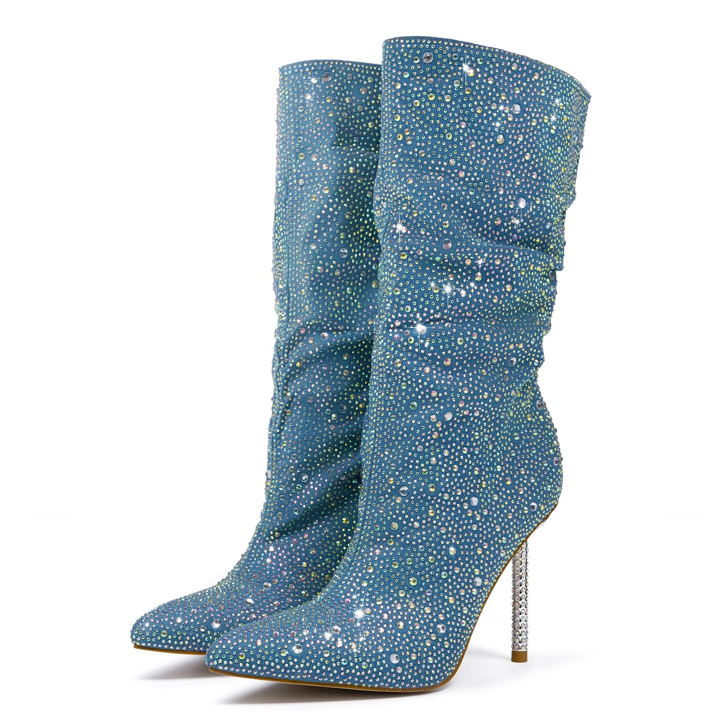 Women's Blue Denim Mid Calf Boots sparkly Rhinestone Stiletto Heel Boots Western Wide Calf Short Cowboy Boots Sexy Pointed Toe dress Party Boots