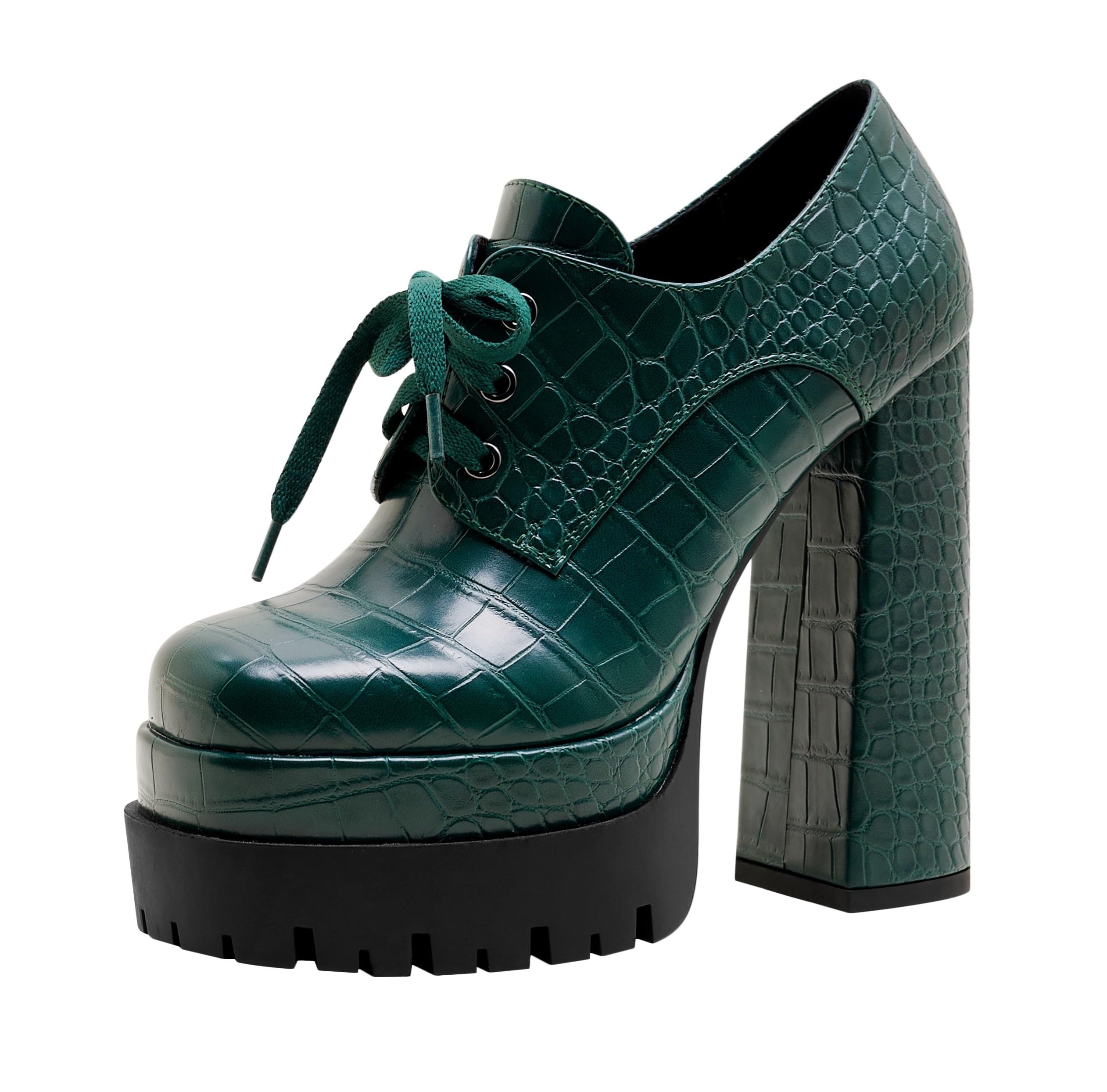 Jaffamiraco Women's Gothic Chunky High Heel Sexy Platform Pumps Black Green Pattern Shoes Lace Up Ankle Boots