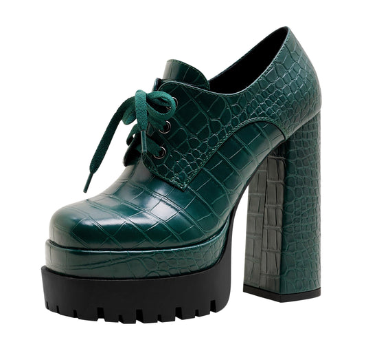 Jaffamiraco Women's Gothic Chunky High Heel Sexy Platform Pumps Black Green Pattern Shoes Lace Up Ankle Boots