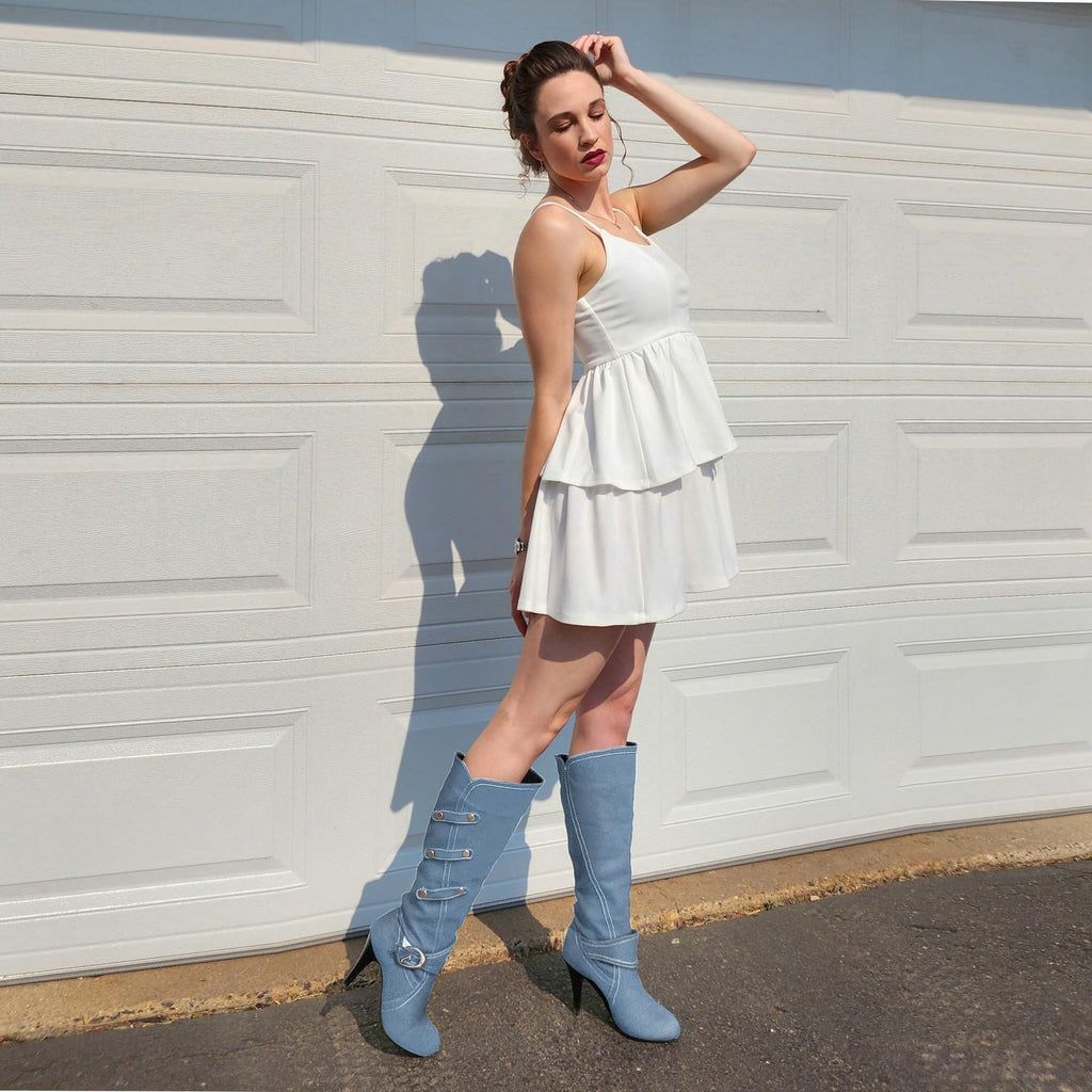 Uniquelly Womens Denim Knee High Boots Stiletto High Heel Mid Calf Slip On Round Toe Classic Retro Winter Shoes (light blue,US7)