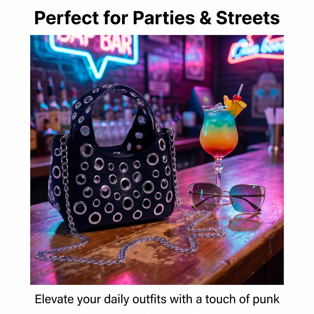 Wynndora Y2K Punk Cutout Crossbody Bag for Women, Hollow Metal Ring Shoulder Purse with Detachable Chain, Goth Streetwear Handbag for Club Party Festival