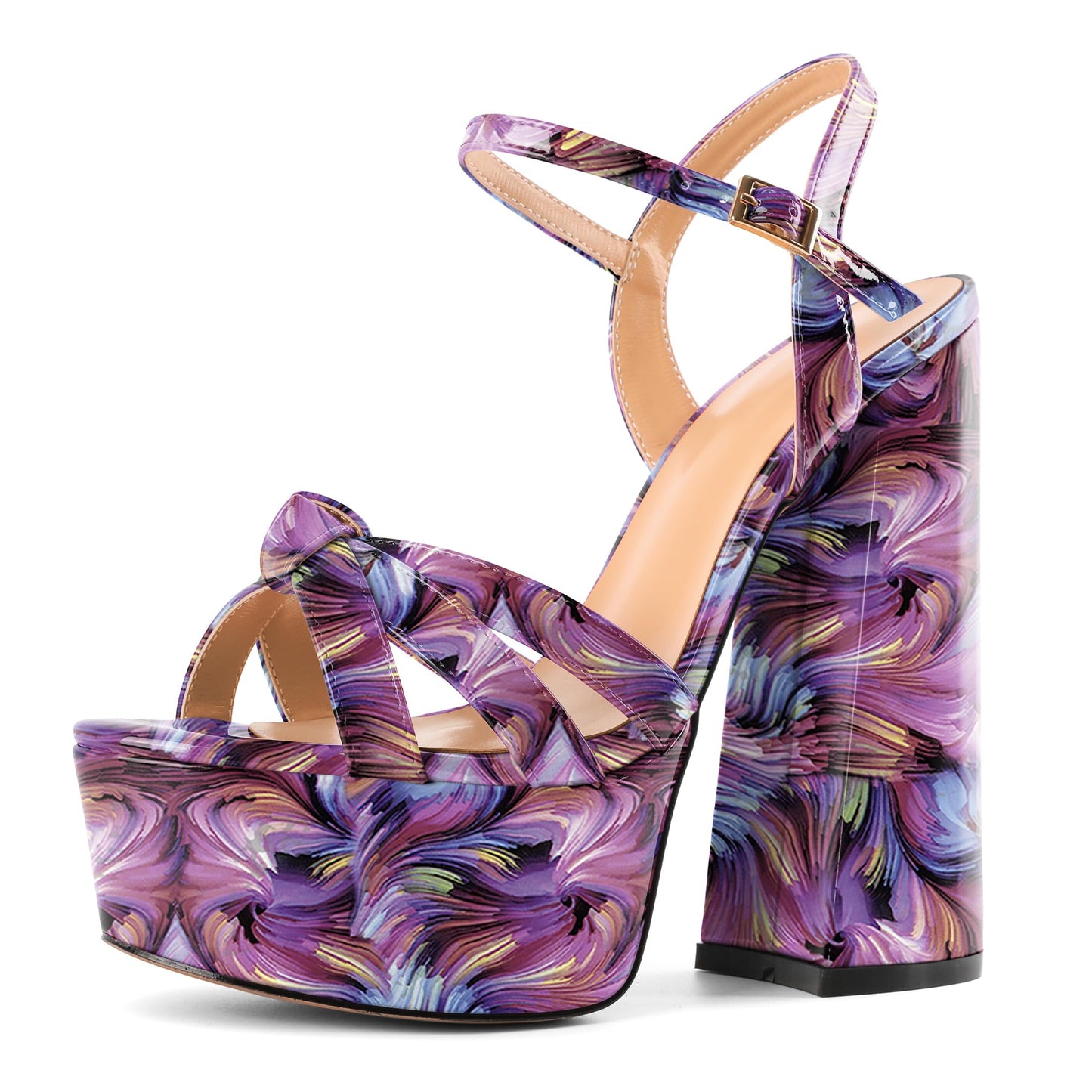 Mettesally Women's Platform Heels Chunky Heel Sandals High Heel Block Slingbacks Open Toe Ankle Strap Daily Party Pumps Shoes 6 Inches Floral Purple US Size 6