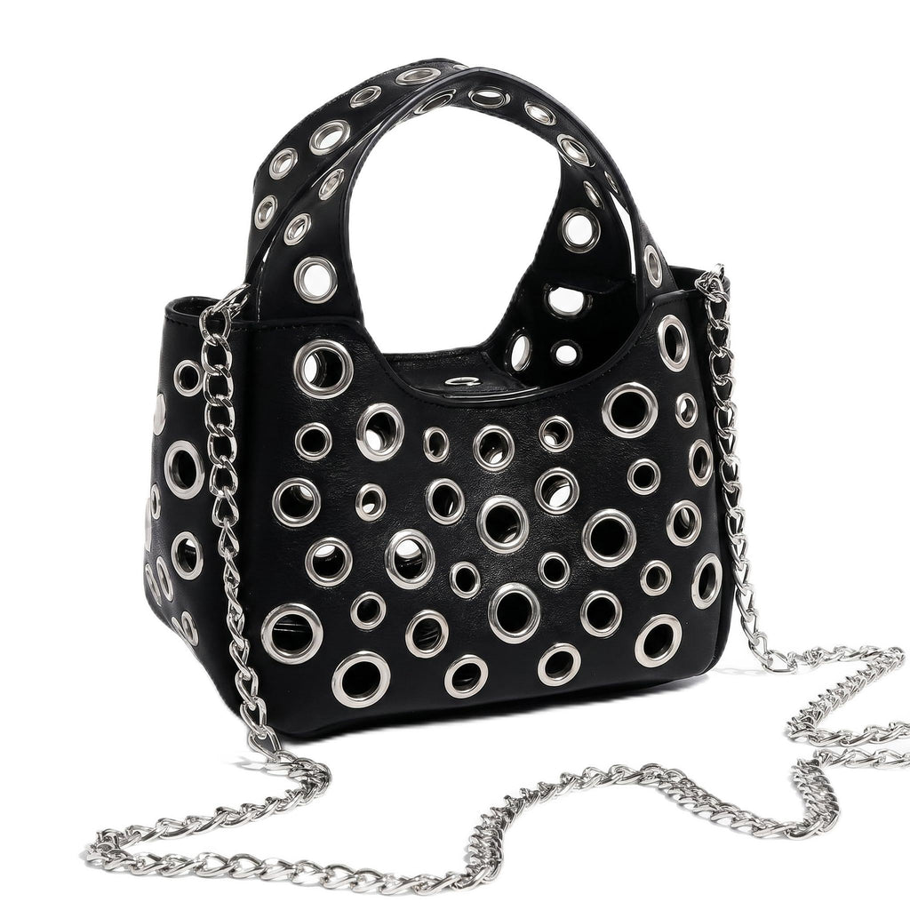 Wynndora Y2K Punk Cutout Crossbody Bag for Women, Hollow Metal Ring Shoulder Purse with Detachable Chain, Goth Streetwear Handbag for Club Party Festival