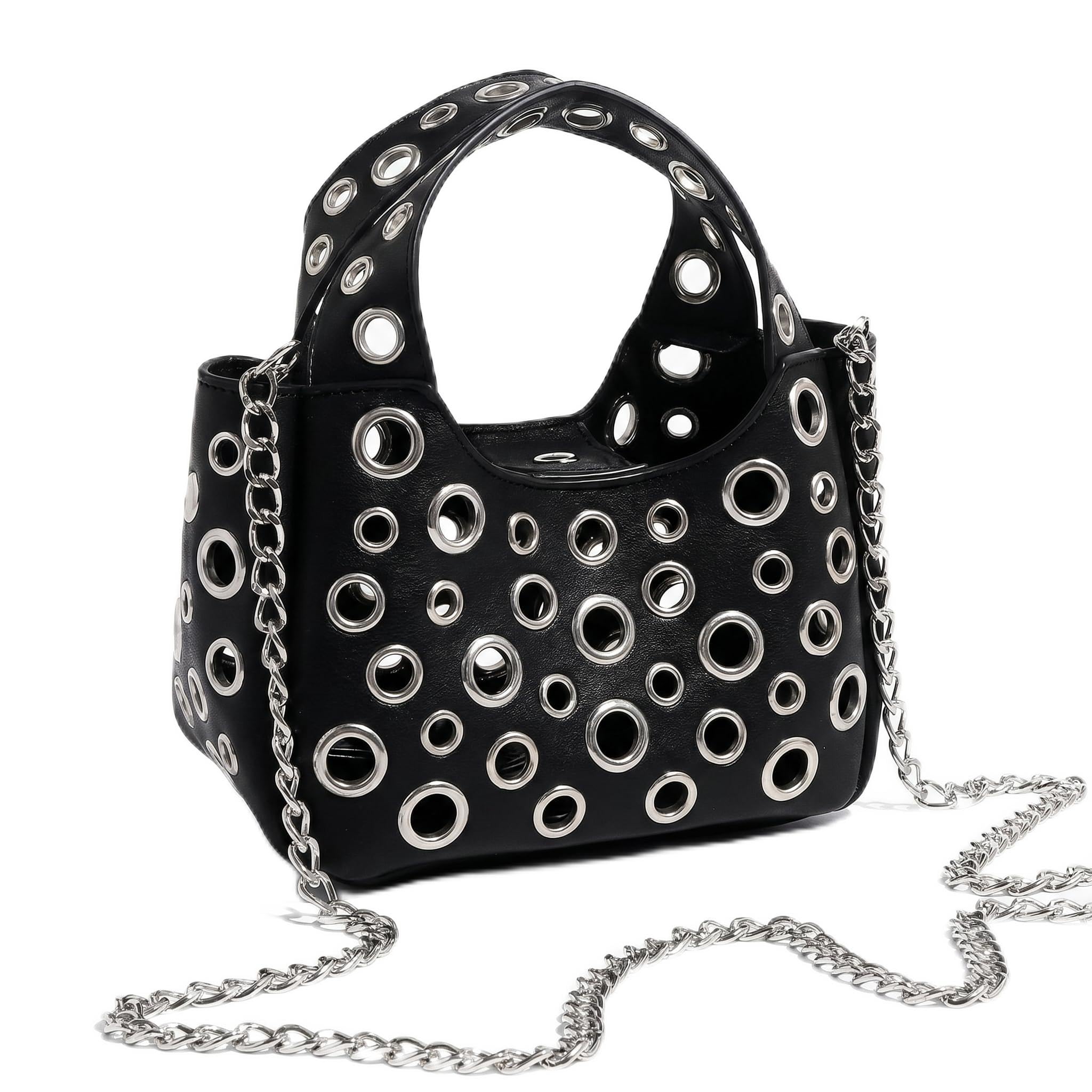 Wynndora Y2K Punk Cutout Crossbody Bag for Women, Hollow Metal Ring Shoulder Purse with Detachable Chain, Goth Streetwear Handbag for Club Party Festival