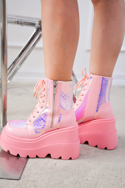 Cape Robbin Holographic Platform Ankle Boots for Women Chunky Block Heels Pointed Toe PU Leather with Buckle Strap Retro Futuristic Style (Radio) - Pink Size 9