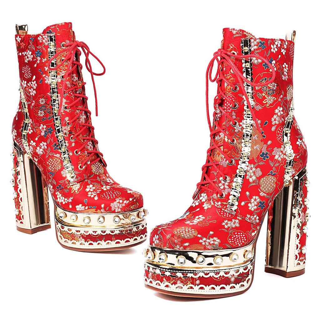 Red Feinlina Embroidered Fabric Gemstones Platform Chunky Ankle Boot