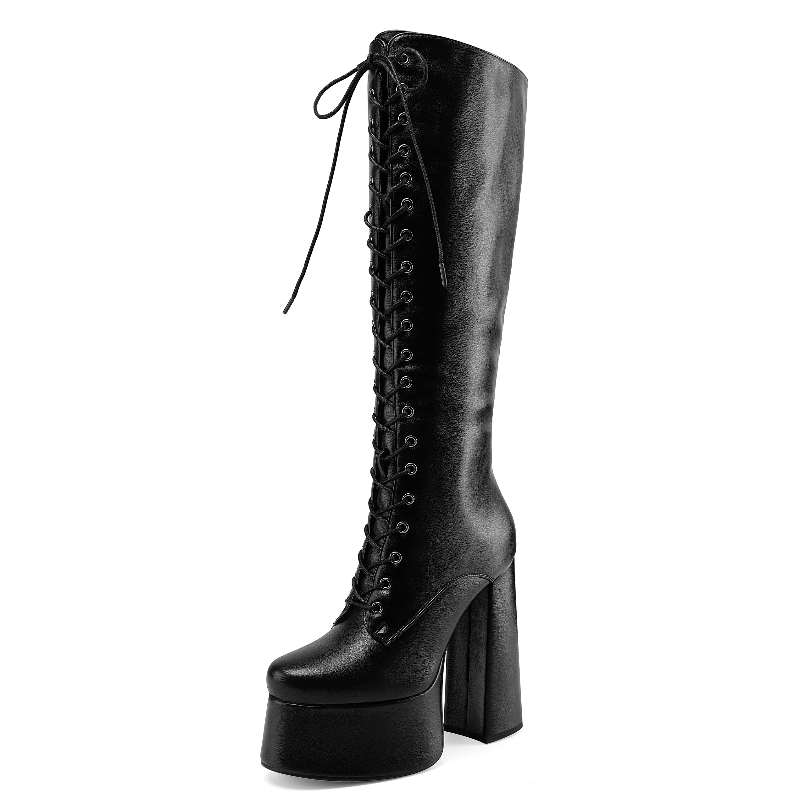 Black Perisis Women's High Chunky Heel Platform Knee High Boots