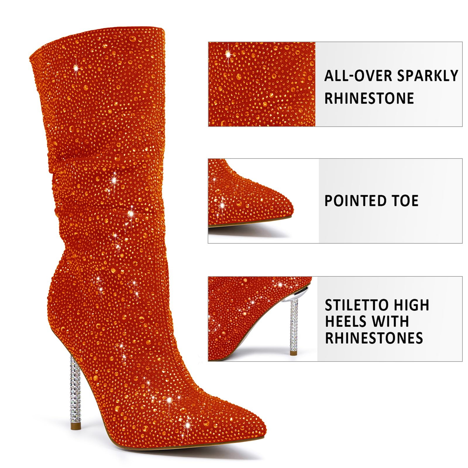 Women's Orange Denim Mid Calf Boots sparkly Rhinestone Stiletto Heel Boots Western Wide Calf Short Cowboy Boots Sexy Pointed Toe dress Party Boots